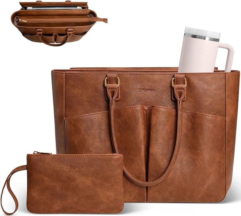 Laptop Tote Bag for Women, Leather Work Tote by Lifeamar