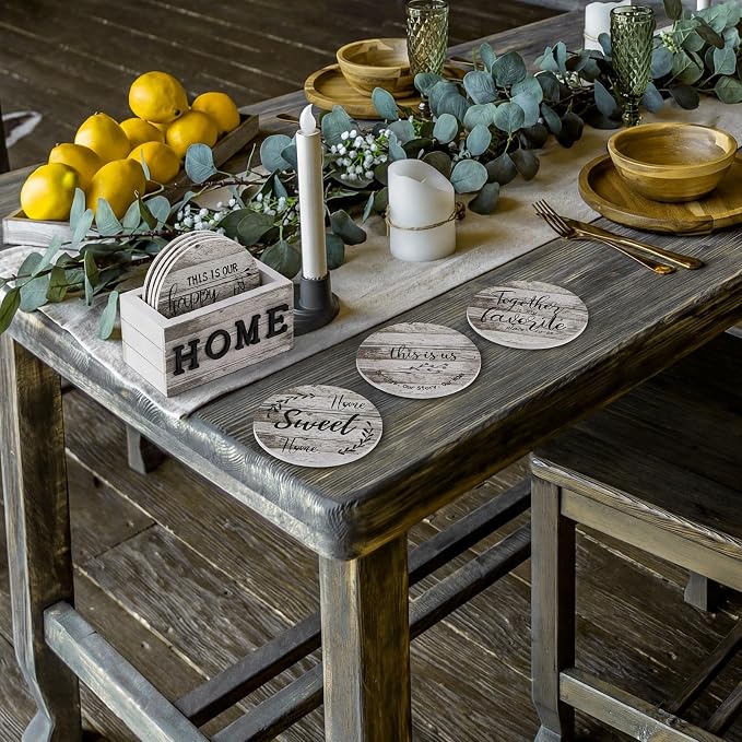 Queekay Coasters Set of 6 House Warming Gifts New Home Wooden Farmhouse Drink - Image 7