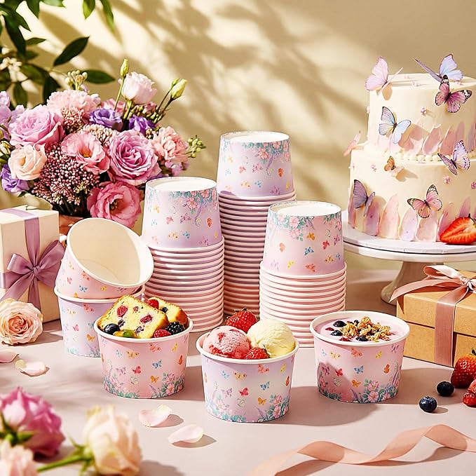 CHENGU 60 Pcs Butterfly Ice Cream Cups Birthday Party Decorations 9 oz Pink and - Image 7