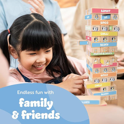 Bluey Tumbling Tower Game, 54 Illustrated Wooden Blocks, Ages 3+ - Image 2