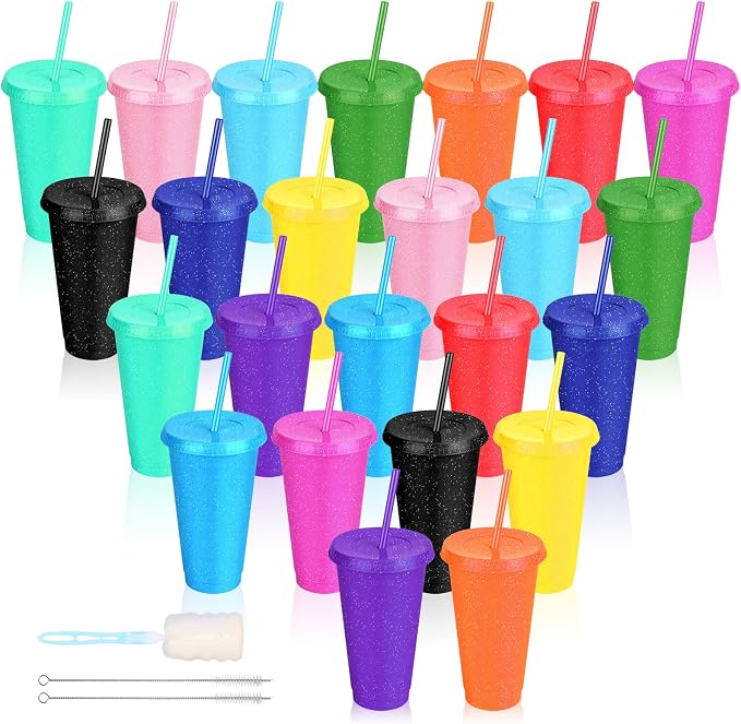 24 Pack Plastic Tumblers with Lids and Straw, Reusable Cups with Lids and by LEIFEOSH