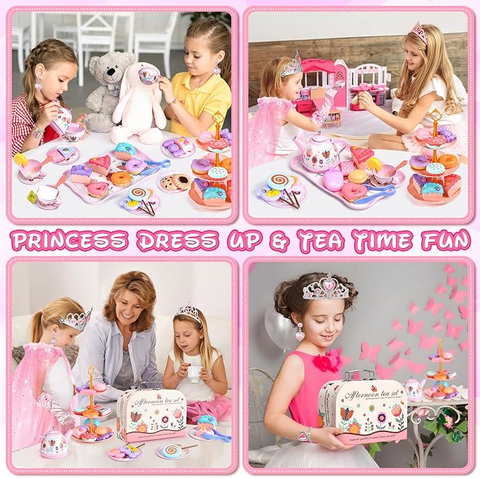 Tea Party Set for Little Girls, Princess Cape & Jewelry, Carrying Case - Image 2