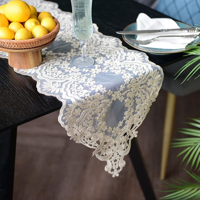 SUTAVIA Lace Table Runner 12"×84" Gold Embroidered Dresser Scarf | Classic - Image 4