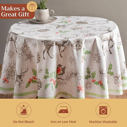 Maison d' Hermine Table Cloth Round Table 100% Cotton 69 Inches Fall Tablecloth Reusable Everyday Use for Thanksgiving Christmas Decorations Dining Farmhouse Party (Christmas Dew)