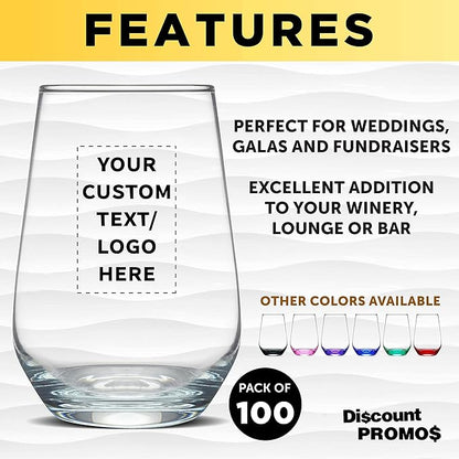 DISCOUNT PROMOS 100 Vaso Silicia Stemless Wine Glasses Set, 16 oz. - Personalized Text, Logo - Clear, Orb-Like, Thick base - Clear