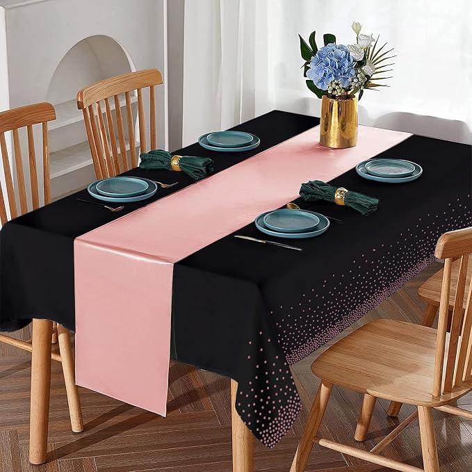 24Pack Disposable Plastic Tablecloth and Satin Table Runner Black and Rose Gold - Image 4