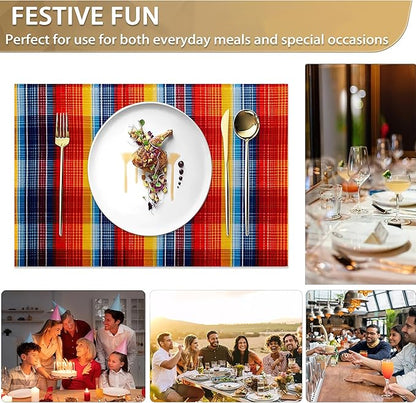 Placemats Set of 6 Linen Washable Kitchen Dining Colorful Mexican Stripes Lines Table Mats Stain Heat-Resistant Desktop Décor Place Mats for Home Party Indoor 12x18 in