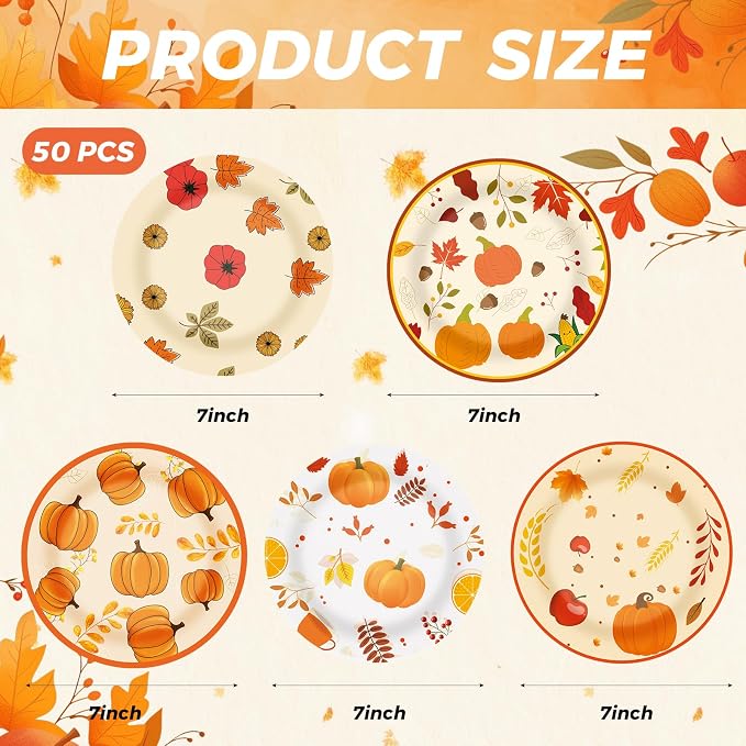 50Pcs Thanksgiving Day Fall Paper Plates Disposable 7inch Party Dessert Plates - Image 2