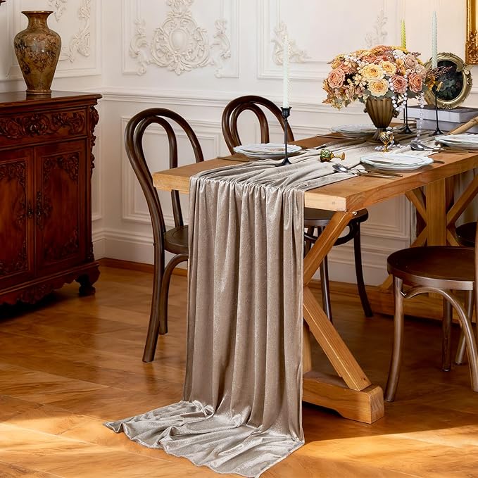 Cream Velvet Table Runner 29 x 120 Inch Soft Velvet Fabric Runners | 3 Pieces - Image 4