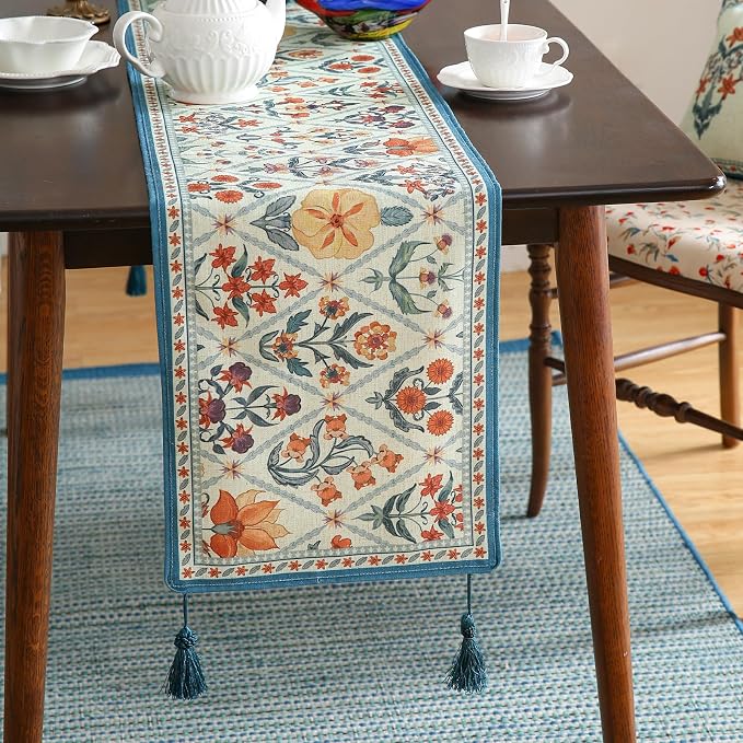 Designer French Linen Table Runner, Colorful Floral Pattern, Dining Table - Image 2