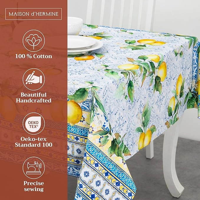 Maison d' Hermine Table Cloth Rectangle Table 100% Cotton 70 x 120 Inches Tablecloth Reusable Decorative for Dining Room Farmhouse Home Valentines Day Decorations Spring Summer - Citrus
