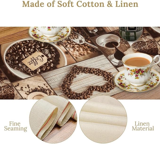 Coffee Time Table Runner, Rustic Coffee Theme Cafe Cup Latte Cappuccino Tea - Image 6