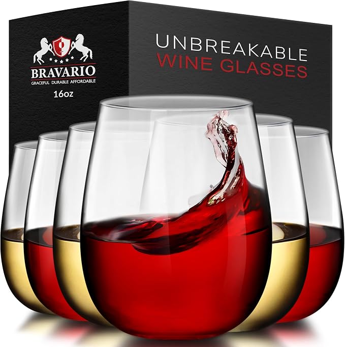 Bravario Unbreakable Stemless Plastic Wine Glasses | Reusable | Shatterproof by Bravario