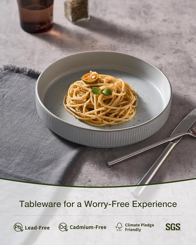 famiware Star 8.25" Pasta Bowls Set of 6, Bowl Plates, Light Gray | Microwave & - Image 3