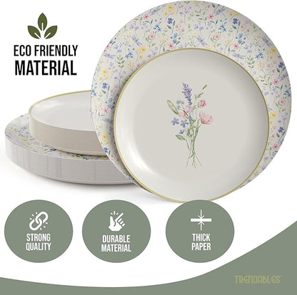 Trendables Heavy Duty Paper Plates Set For 16 Guests - 16 Each Of 8-inch And 10-inch Disposable Plates For Party - Fancy 32 Piece Dinnerware Set For All Occasions | Floral Design, Charm