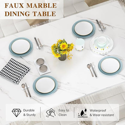 AWQM Dining Table Set for 4,Faux Marble Kitchen Table and Chairs Set of 4, Modern Dining Room Table Set for 4,Dinner Table with 4 Leather Chairs, Dinette Set for Small Spaces,White