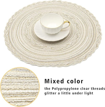 SHACOS Round Placemats Set of 6 Boho Braided Bordered Placemats 15 inch for Dining Tables Wedding Holiday Party (Ivory Bordered, 6)