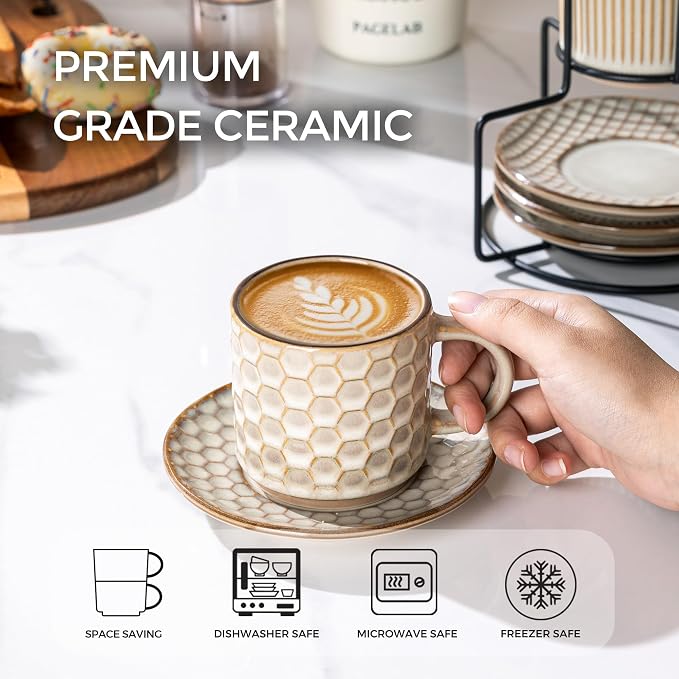 GBhome 6 OZ Stackable Coffee Mugs Set of 4, Ceramic Espresso Coffee Cups | - Image 3