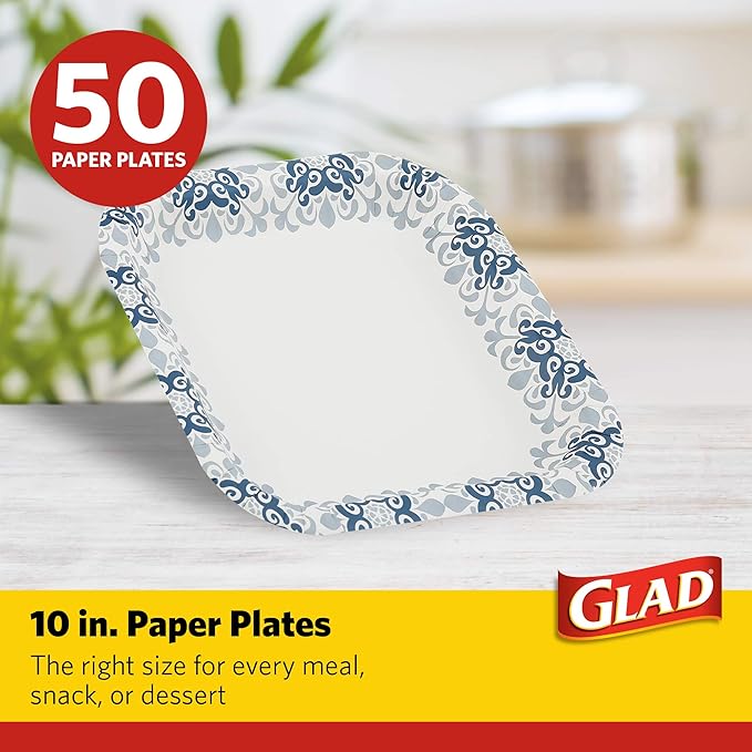 Glad Printed Disposable Paper Plates, 50 Count 10 Inch | Heavy Duty Soak Proof Paper Plates with Beautiful Printed Design | 50 Count Square Paper Plates