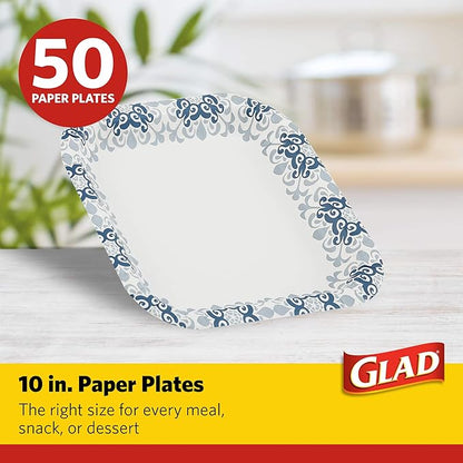 Glad Printed Disposable Paper Plates, 50 Count 10 Inch | Heavy Duty Soak Proof Paper Plates with Beautiful Printed Design | 50 Count Square Paper Plates