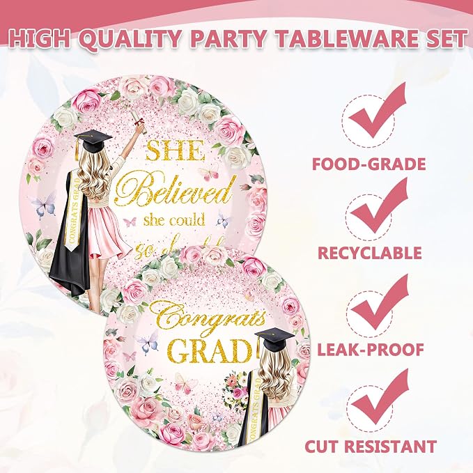 96Pcs She Believed She Could So She Did Paper Plates Napkins Forks Flower - Image 4
