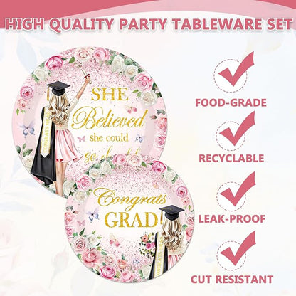 96Pcs She Believed She Could So She Did Paper Plates Napkins Forks Flower - Image 4