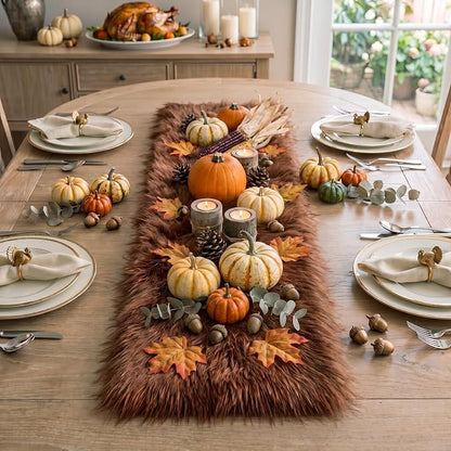 Irenare Fall Thanksgiving Table Runner Terracotta Decor Small Luxury Faux Fur - Image 4