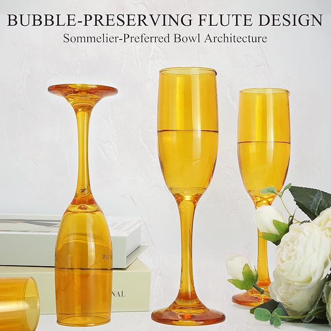 Champagne Flutes Glasses Set of 6-6oz Elegant Amber Glass, Unique Amber Colored Long Stem Champagne Flute Gift for Wedding, Anniversaries, Parties, Birthday, Restaurant, Home Bar