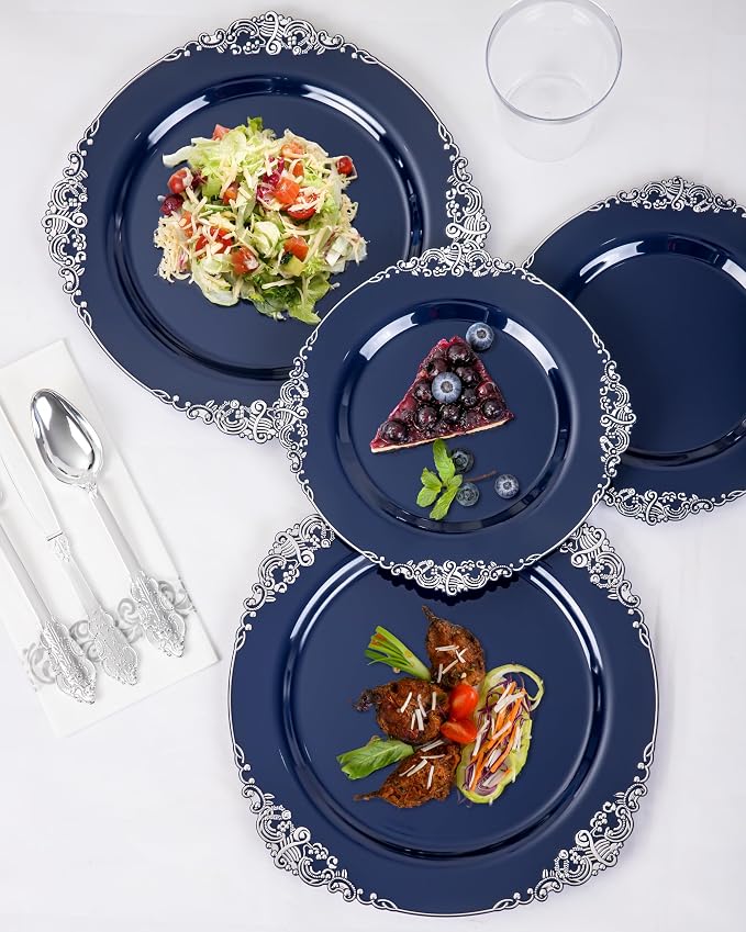 350 Pcs Blue Silver Plates for Graduation | Blue Party Plates Set for 50 Guests - Image 8
