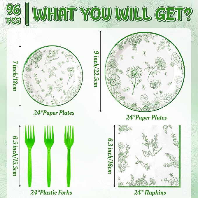 96Pcs Sage Green Floral Party Plates Supplies Green Toile Chinoiserie Flower - Image 2