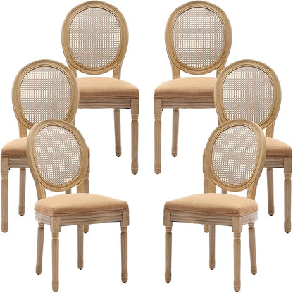 Vintage French Rattan Dining Chairs Set of 6, Round Back Accent Chairs with Rattan Backrest and Upholstered Linen Seat, Solid Wood Frame Sillas de Comedor for Dining Room & Kitchen, Camel