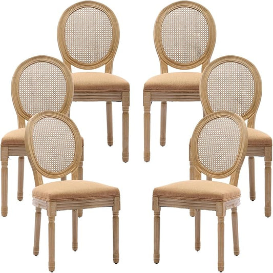 Vintage French Rattan Dining Chairs Set of 6, Round Back Accent Chairs with Rattan Backrest and Upholstered Linen Seat, Solid Wood Frame Sillas de Comedor for Dining Room & Kitchen, Camel