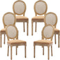 Vintage French Rattan Dining Chairs Set of 6, Round Back Accent Chairs with Rattan Backrest and Upholstered Linen Seat, Solid Wood Frame Sillas de Comedor for Dining Room & Kitchen, Camel