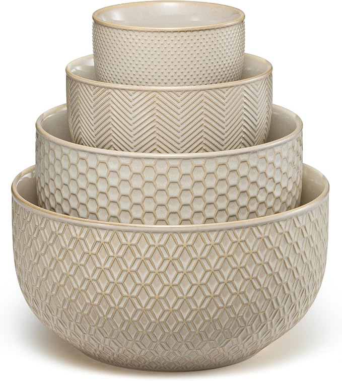 KooK Ceramic Mixing Bowls, Nesting Set of 4, Embossed Kitchen Dishware by Kook