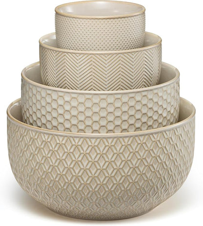 KooK Ceramic Mixing Bowls, Nesting Set of 4, Embossed Kitchen Dishware by Kook