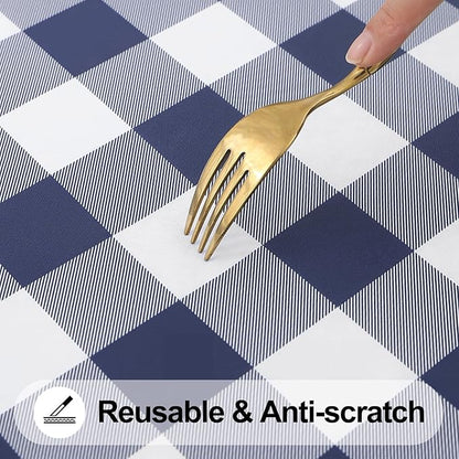 Smiry Square Picnic Table Cloth, Elastic Waterproof Fitted Vinyl Tablecloths, Flannel Backed Buffalo Plaid Table Covers for Dining, Camping, Outdoor (White and Navy, 24" x 24")