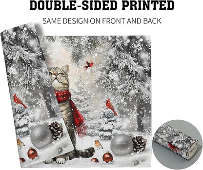 Winter Placemats Set of 4 - Cute Cat Snowman Xmas Tree Place Mat Tablemats 12x18 for Kitchen Dining Table