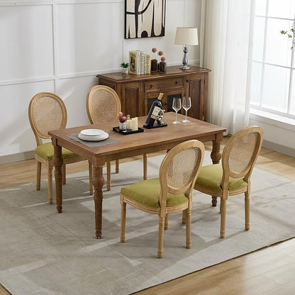 Vintage French Rattan Dining Chairs Set of 4, Round Back Accent Chairs with Rattan Backrest and Upholstered Linen Seat, Solid Frame Wood Sillas de Comedor for Dining Room & Kitchen, Olive Green