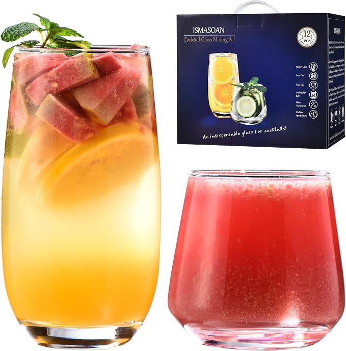 ISMASOAN Drinking Glasses Set of 12, 6 Tall 17 oz & 6 Stemless Wine 10 oz | by ISMASOAN