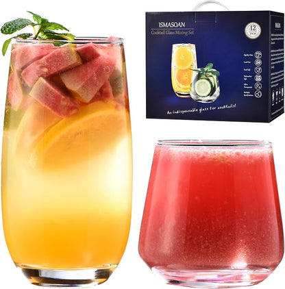ISMASOAN Drinking Glasses Set of 12, 6 Tall 17 oz & 6 Stemless Wine 10 oz | by ISMASOAN