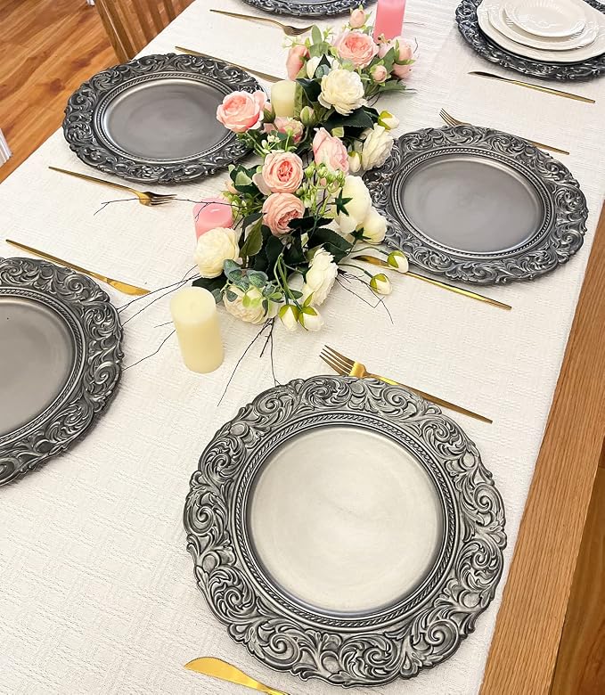 Antique Silver Charger Plates Embossed Rim, 13 Inch Dinner Plate Chargers Round - Image 3