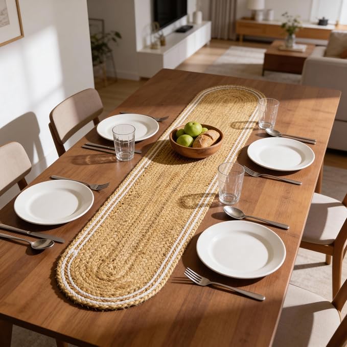 Encasa XO Handwoven Jute Table Runner, Center Table 12"x54" Off White & Jute - Image 3