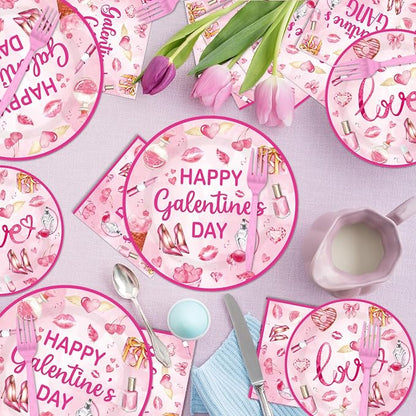 EUOYUFO 96Pcs Pink Galentine Party Decorations Tableware Set Happy Galentine's - Image 7