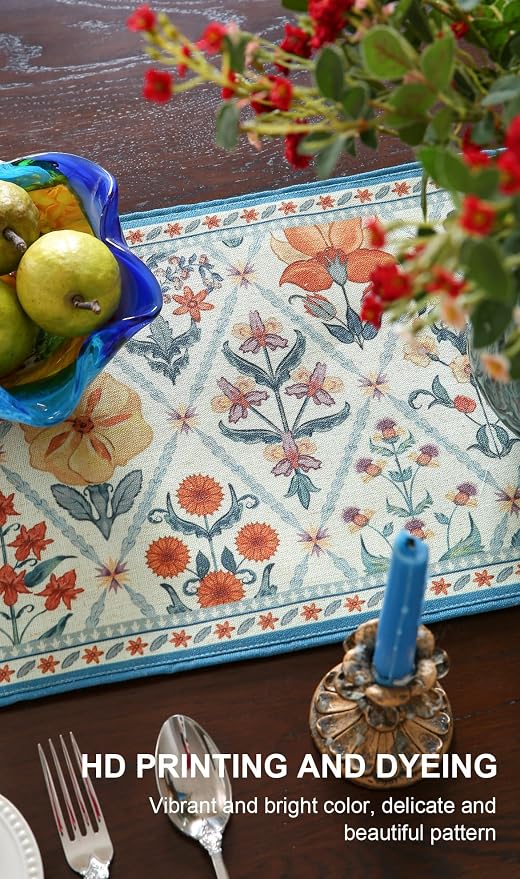 Designer French Linen Table Runner, Colorful Floral Pattern, Dining Table - Image 4