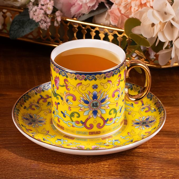 KAMMAK Tea Cup and Saucer, Ceramic Coffee Cups, 7 oz, Afternoon Tea and - Image 3