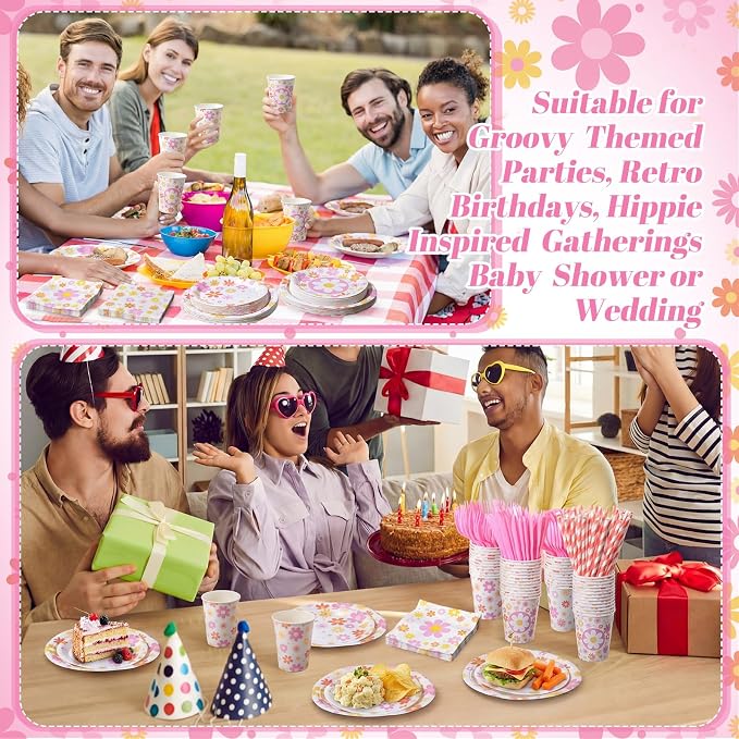 450 Pcs Daisy Groovy Tableware Set Decorations, Serves 50 | Boho Daisy Flower - Image 5