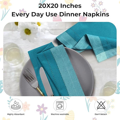 Bedding Craft Cotton Cloth Dinner Napkins Set of 12 – 20x20 Teal Multi Double Hemstitched – Machine Washable Reusable Fabric Napkins for Weddings & Dinner Tables