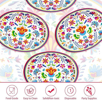 50Pcs Mexican Fiesta Oval Paper Plates 10" x 12" Large Disposable Heavy Duty Colorful Mandala Floral Party Plates Cinco De Mayo Dessert Platters for Taco Tuesday Birthday Party Supplies Decor