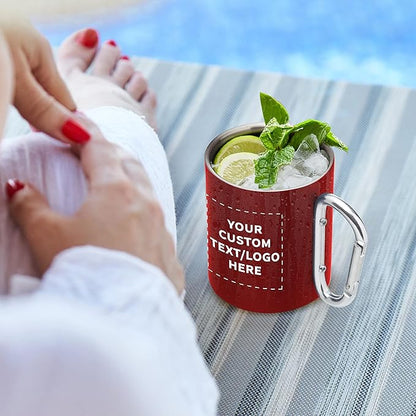 Custom Stainless Steel Mugs with Carabiner Handle 10 oz. Set of 50, Personalized Bulk Pack - Perfect for Coffee, Soda, Other Hot & Cold Beverages - Red