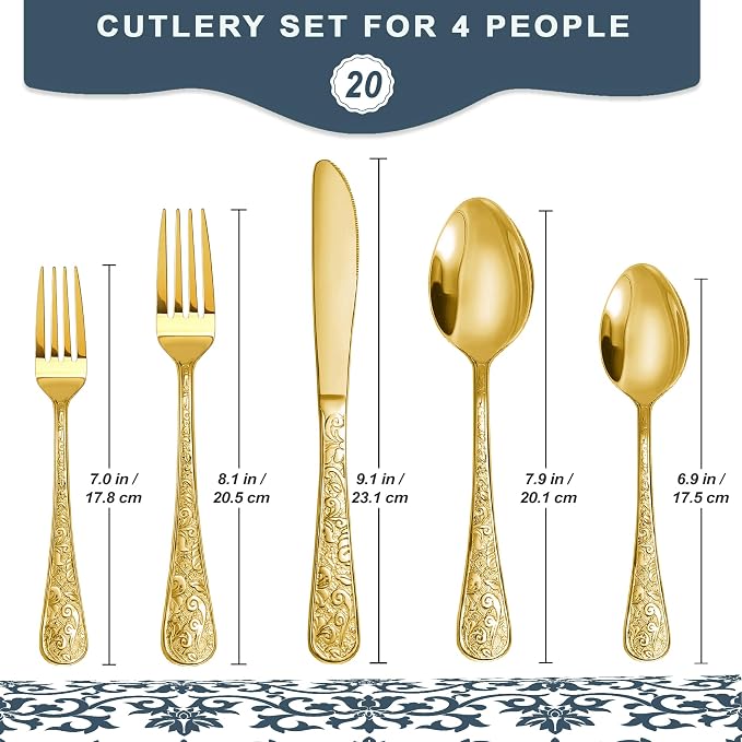 Runfly Vintage Carved Gold Stainless Steel 20-Piece Flatware Set | Silverware - Image 2